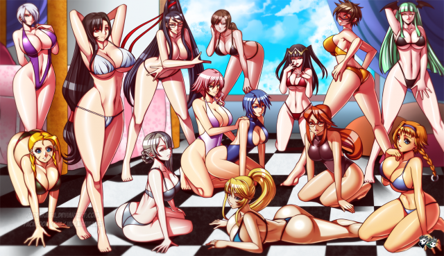 jadenkaibaaqua (kingdom hearts)+bayonetta (character)+cammy white+eclair farron+isabella valentine+kaine (nier)+kanna (pokemon)+leina+morrigan aensland+quiet (metal gear)+samus aran