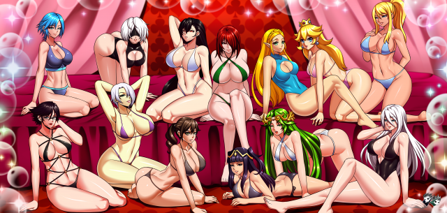 jadenkaibaaqua (kingdom hearts)+bayonetta (character)+isabella valentine+original character+palutena+princess peach+princess zelda+quiet (metal gear)+samus aran+tharja+tifa lockhart